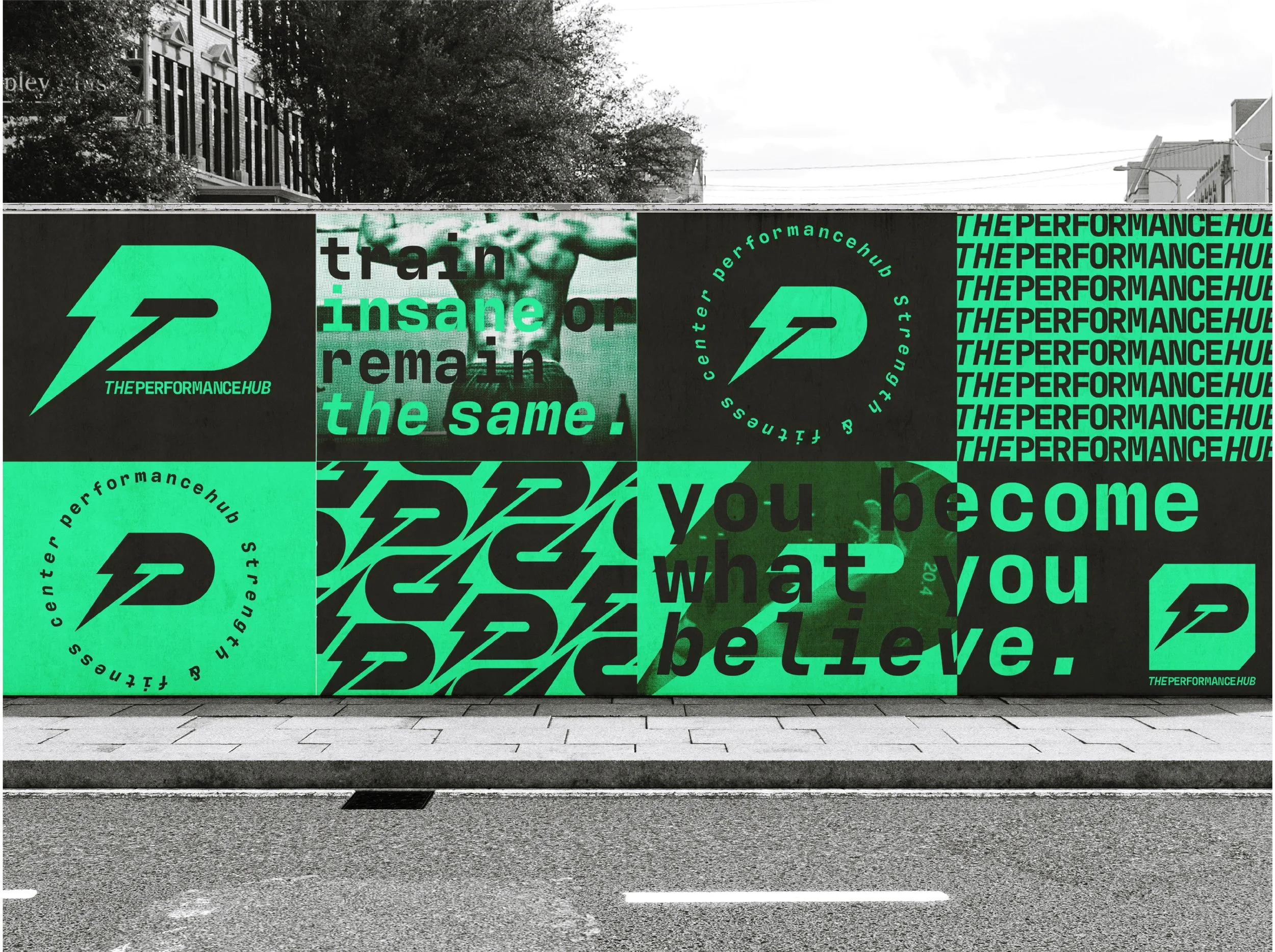 The Performance Hub brand identity applied to site hoarding