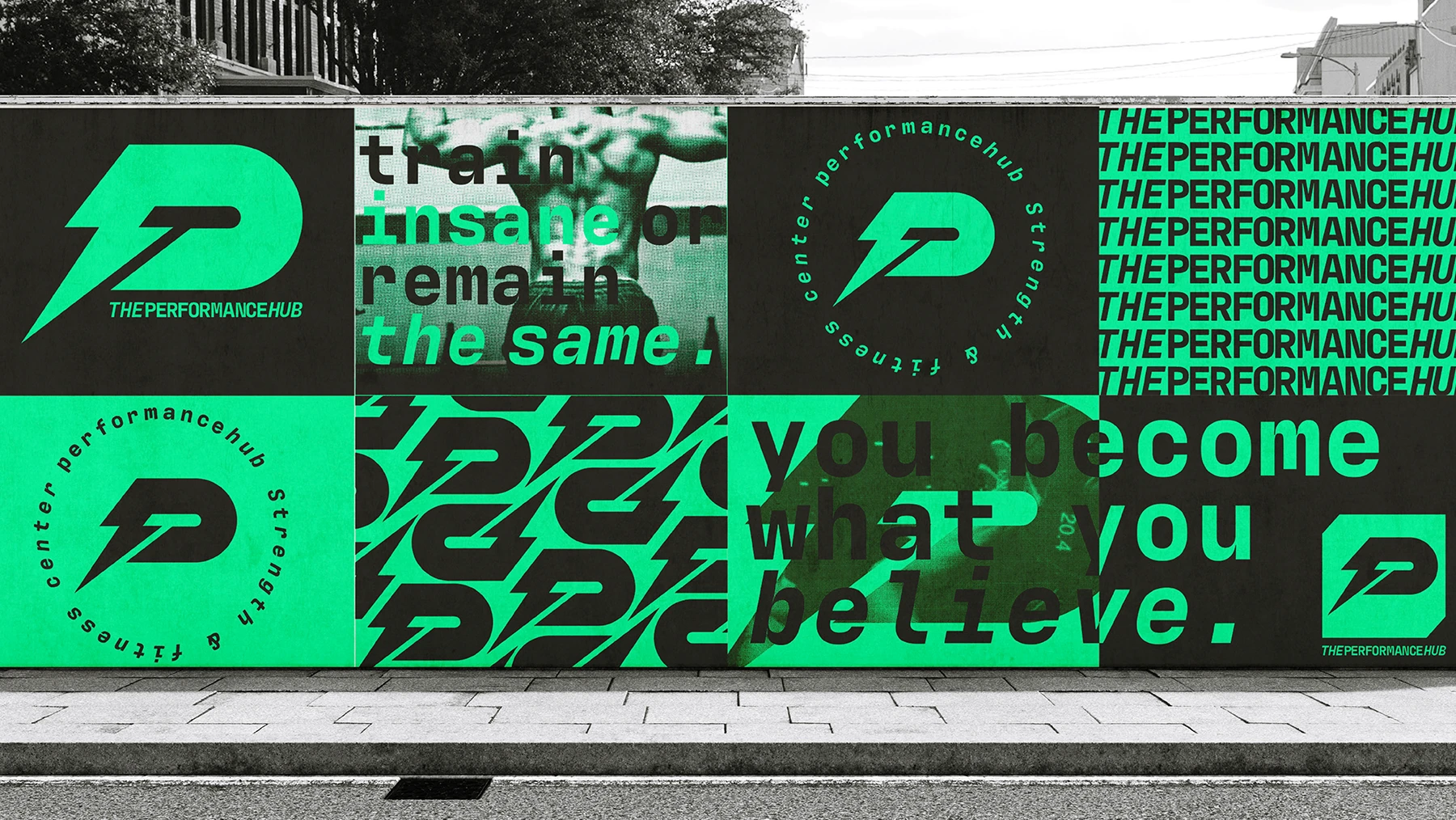 The Performance Hub modular brand system applied to site hoarding