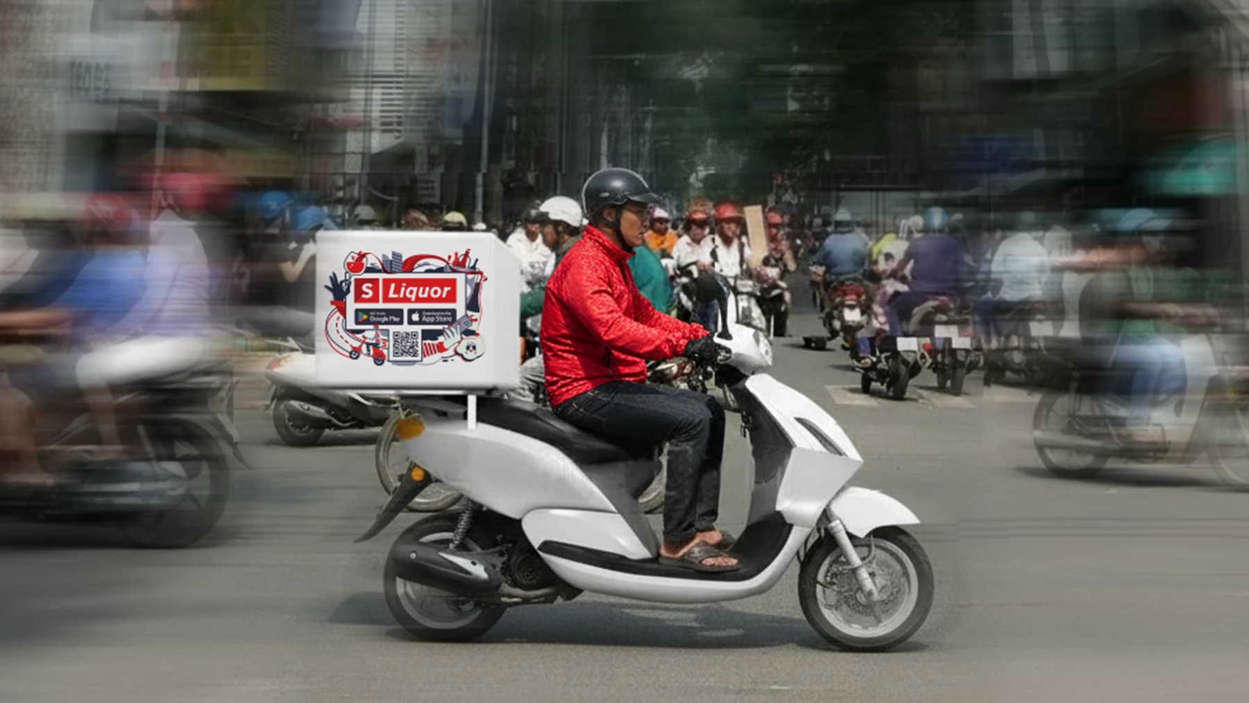 S Liquor delivery illustration applied to a delivery bike box, riding through busy Phnom Penh traffic