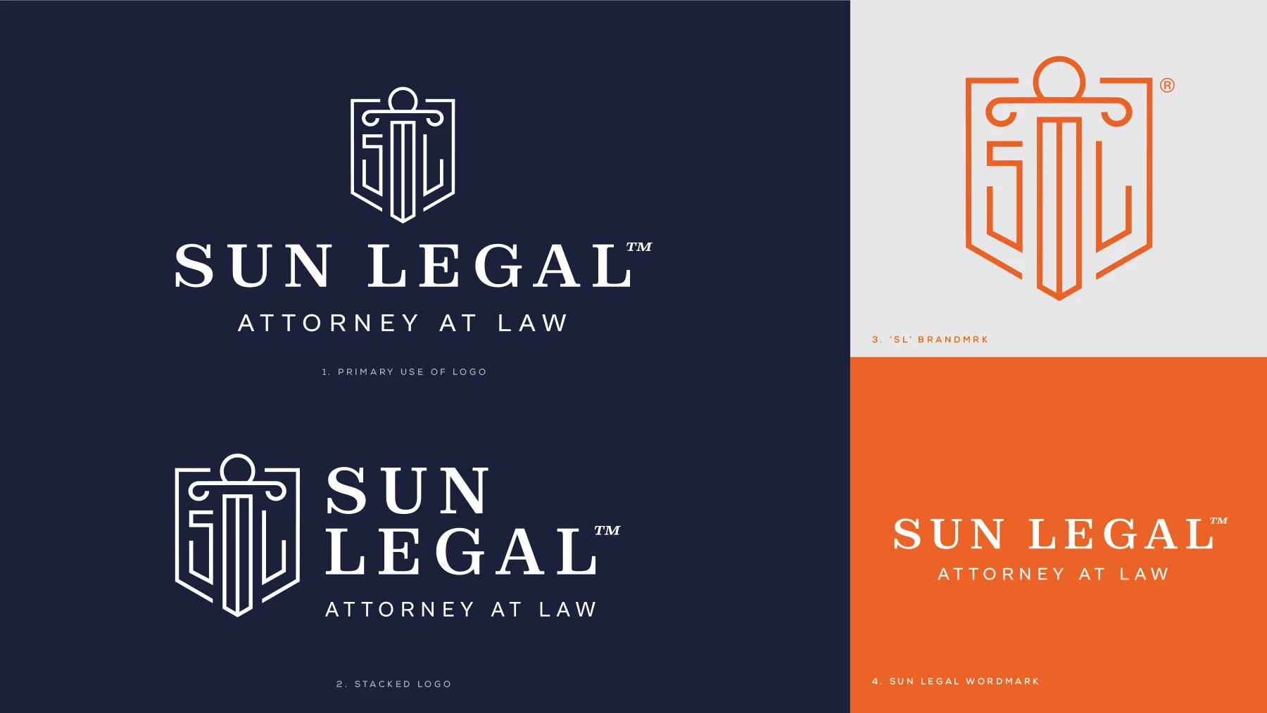 Sun Legal adaptive branding set: primary logo, stacked logo, SL brandmark and wordmark