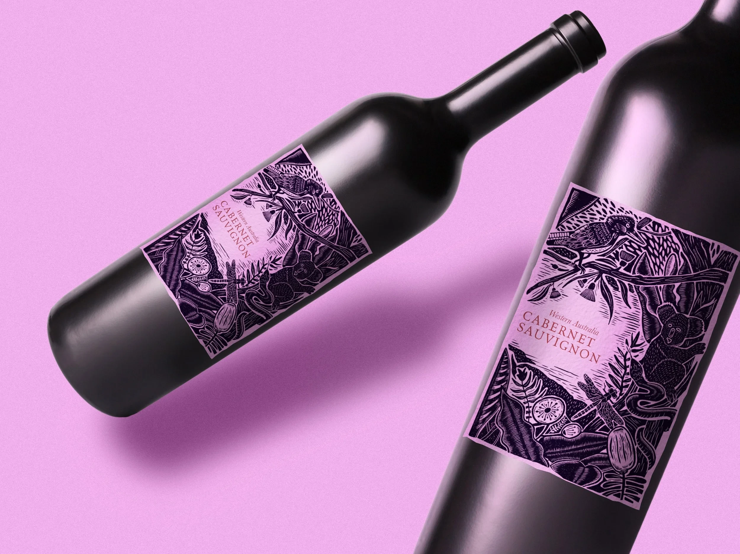 Illustrated Cabernet Sauvignon wine label with native flora and fauna linework, Western Australia