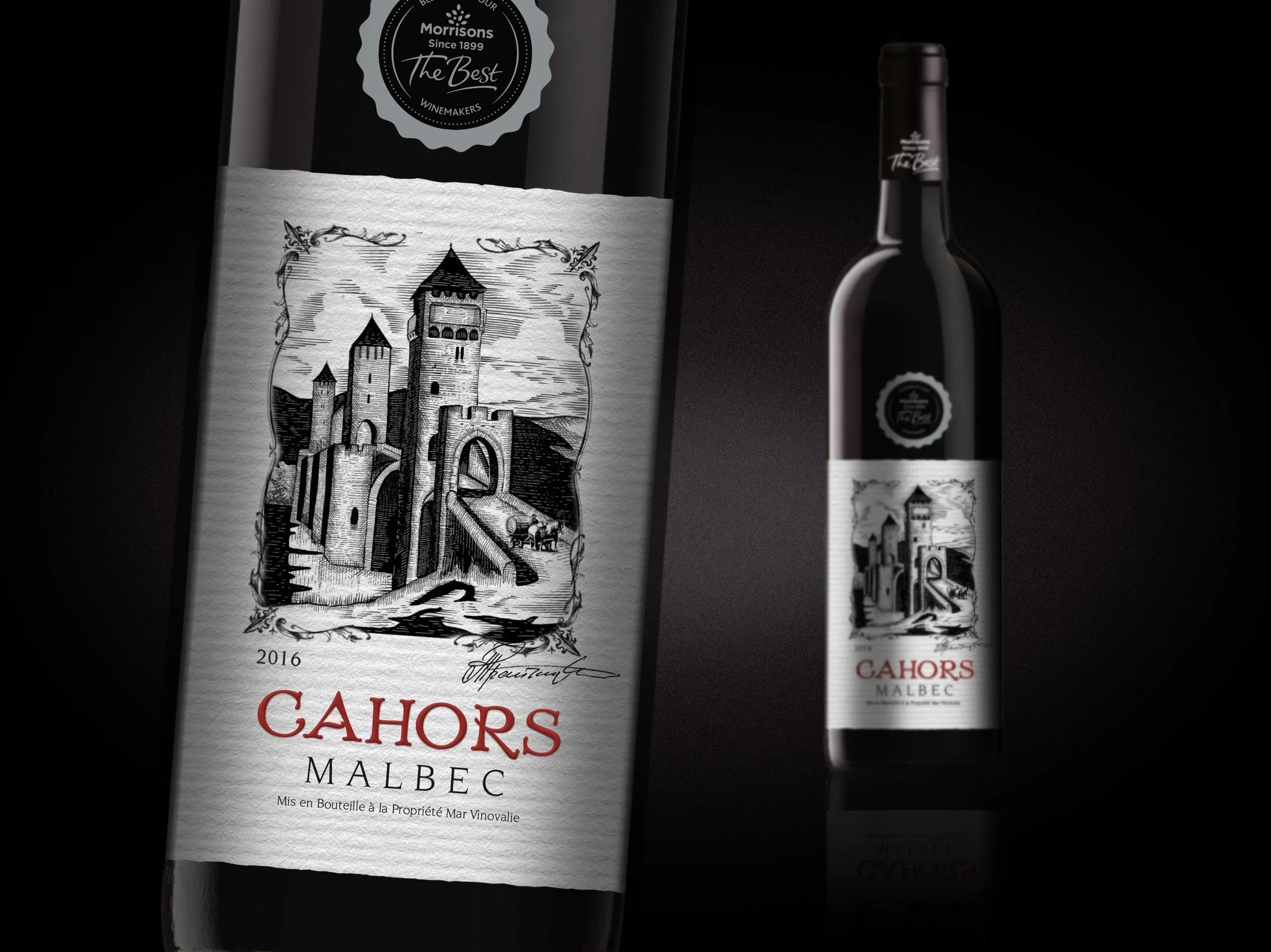 Cahors Malbec wine label with engraved illustration of a French château, produced for Morrisons