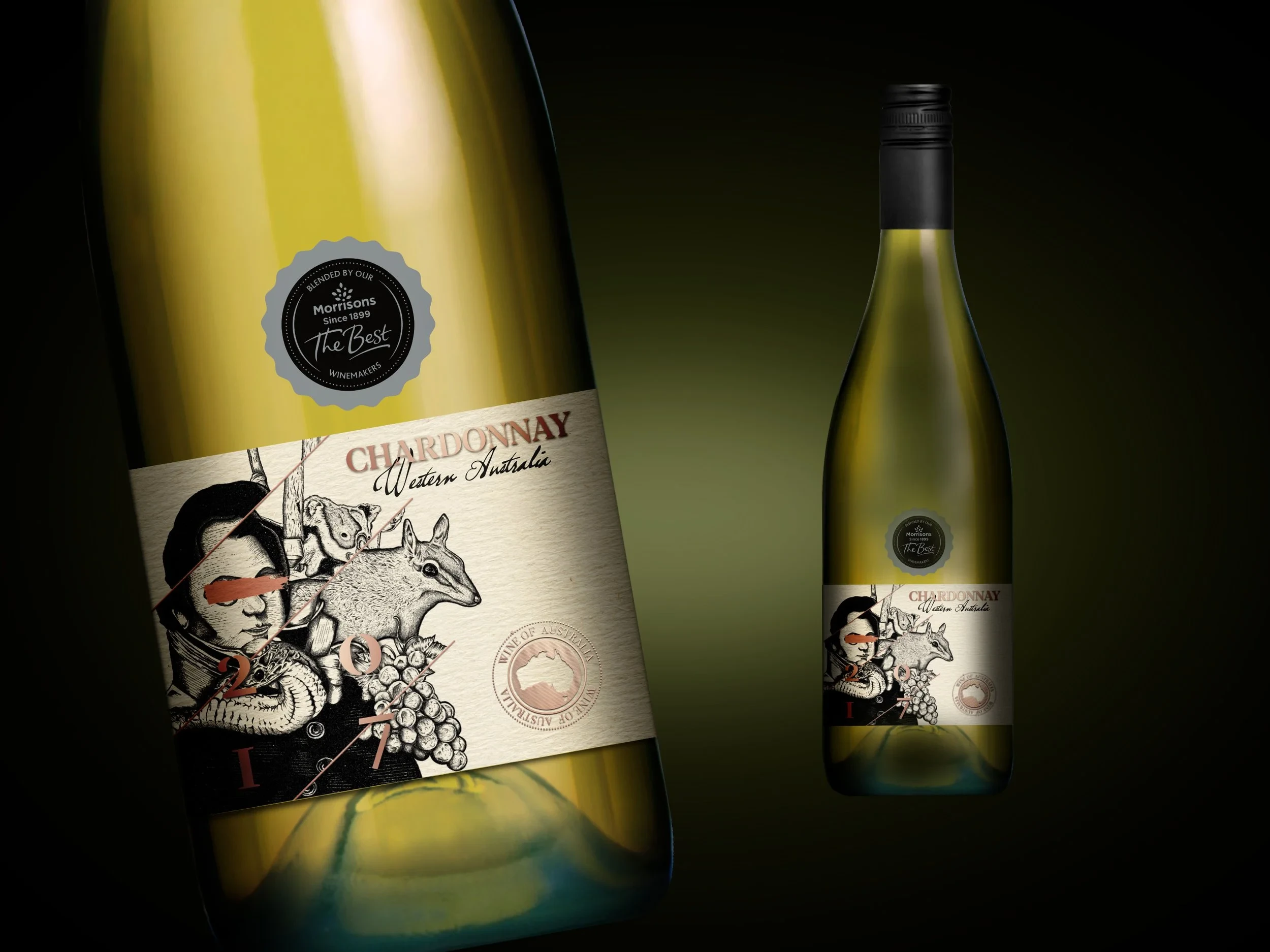 Illustrated Chardonnay wine label with native Western Australian wildlife linework